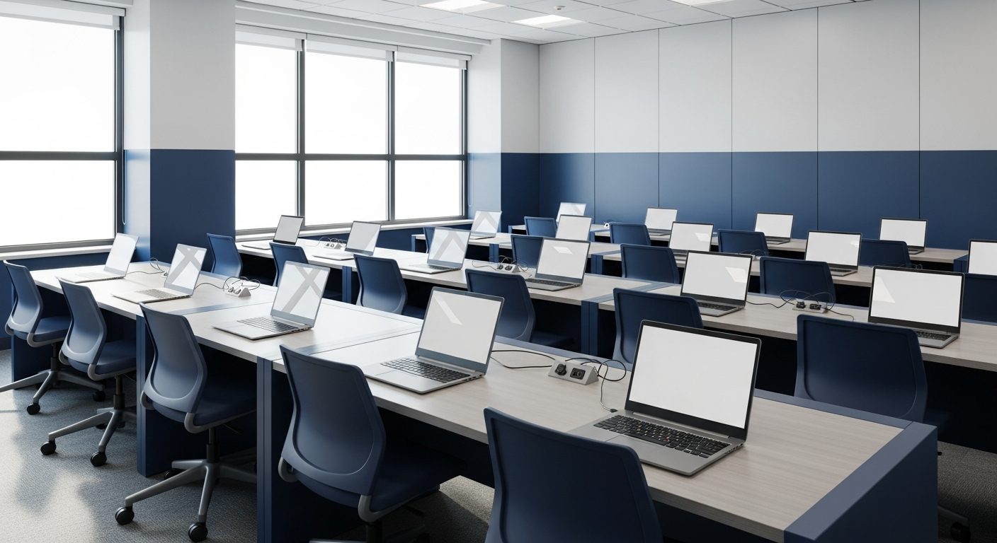 Aula moderna de computación con laptops en los escritorios