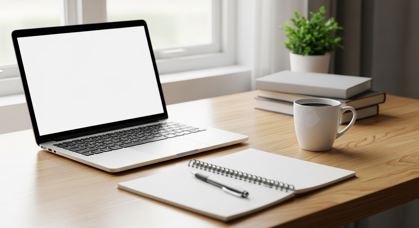 Escritorio de estudiante con laptop y cuaderno