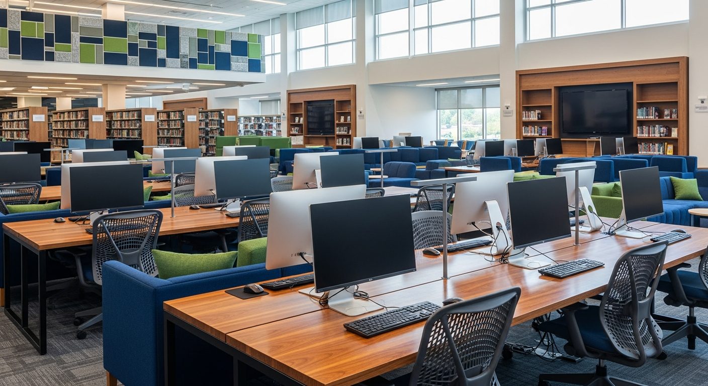 Área de estudio con computadoras en tonos azul marino