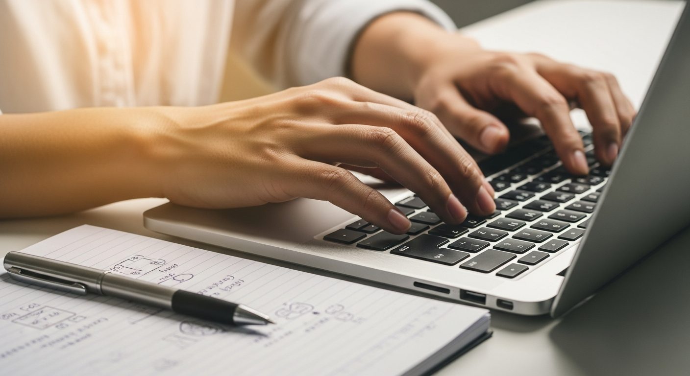 Manos escribiendo en laptop junto a apuntes de estudio