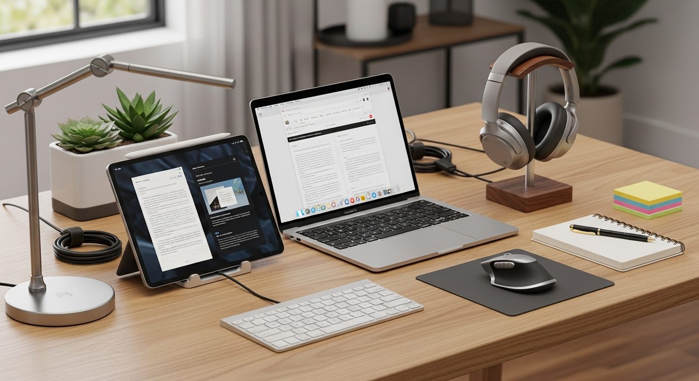 Escritorio ordenado con laptop, tablet y accesorios